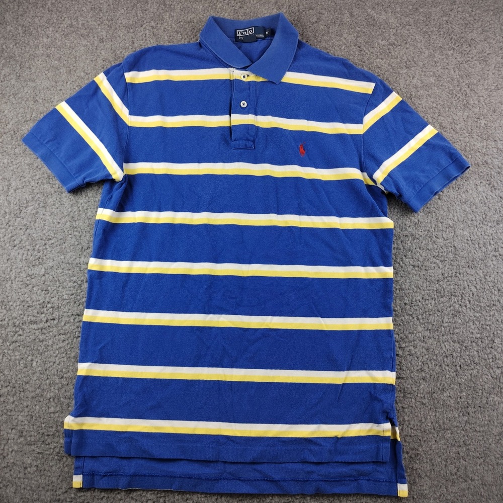 VTG Polo Ralph Lauren Mens Medium Blue Yellow Striped Short Sleeve Pique Shirt